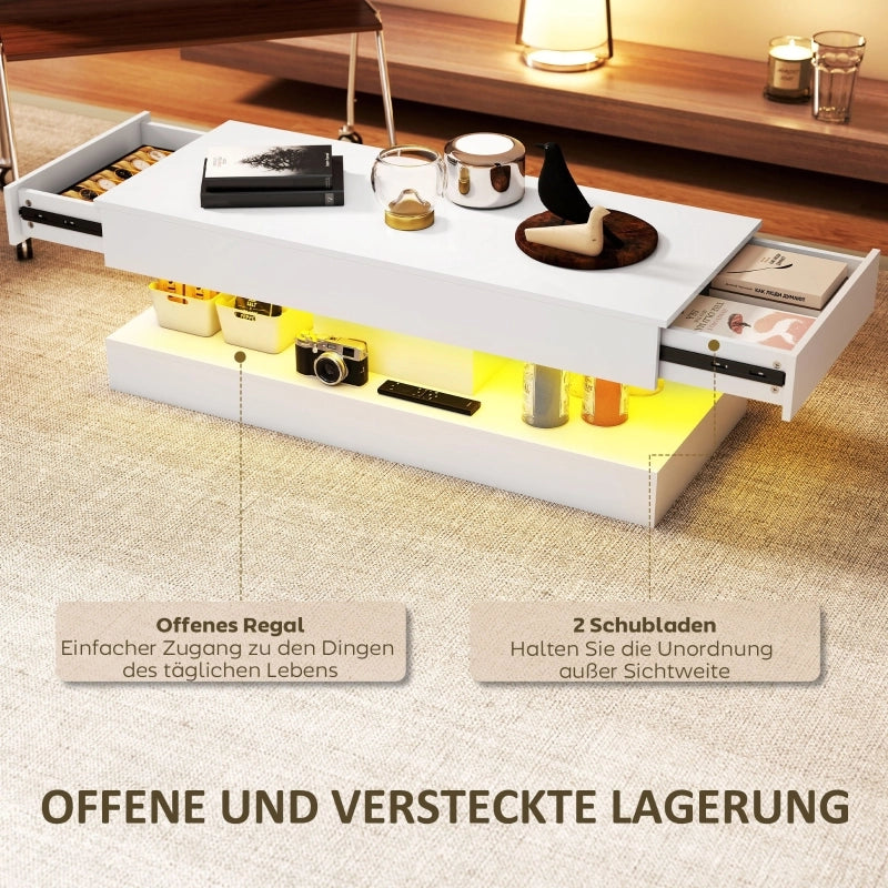 TAVOLO da salotto 120x50x42 cm bianco lucido con LED e 2 cassetti