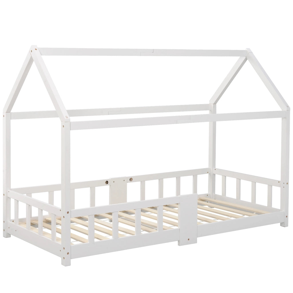 Letto per bambini a casetta 90x200 cm in legno di pino, con lavagna, sponda anticaduta e rete a doghe, bianco