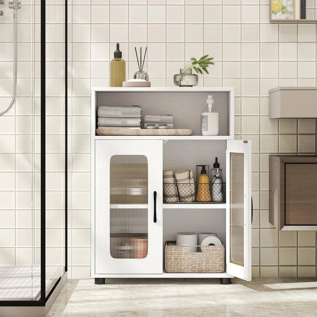 Armadietto da bagno con scomparto aperto, 2 ante e ripiano regolabile, armadio da pavimento per cucina e soggiorno, 60 x 30 x 83 cm (bianco)