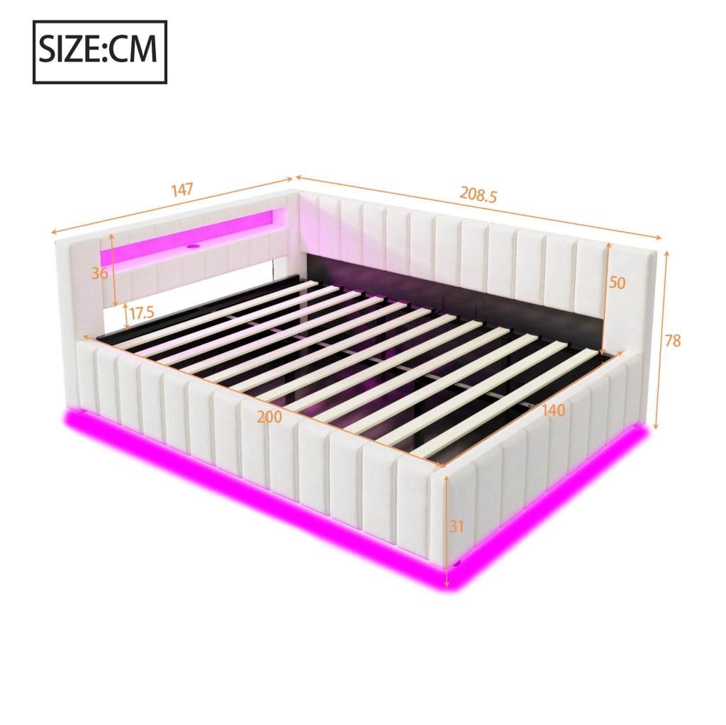 Letto imbottito 140x200 cm; contenitore idraulico; LED e USB; velluto; beige (Senza materasso)