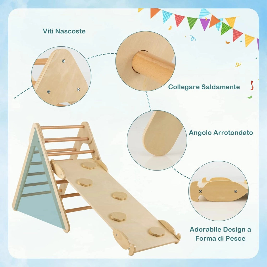 3 in 1 Arrampicata Giocattolo a Triangolo per Bambini, Set di Arrampicata con Rampa di Scivolo a 2 Lati e Inclinazione Regolabile, Arrampicatore per Bambini 1 Anno+ (Naturale)
