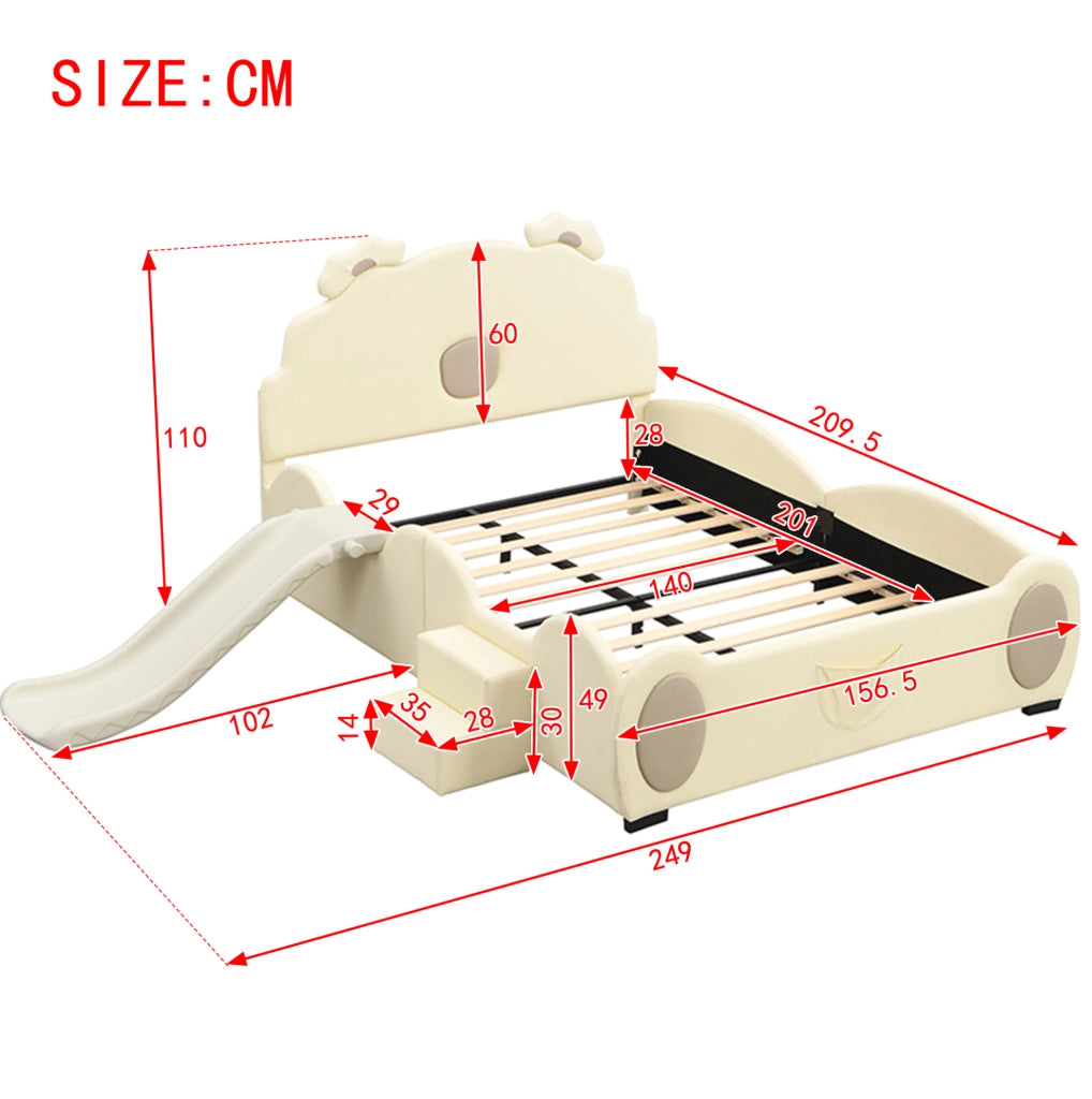 Letto per bambini a forma di orso con scivolo e scala, beige
