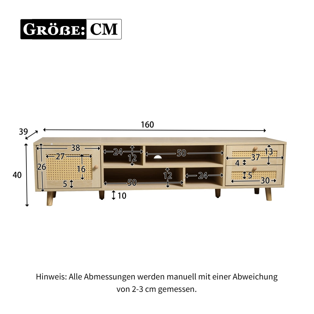 Mobile TV con 2 cassetti; 1 anta e passacavi - per soggiorno - 160x39x40.5 cm - rovere