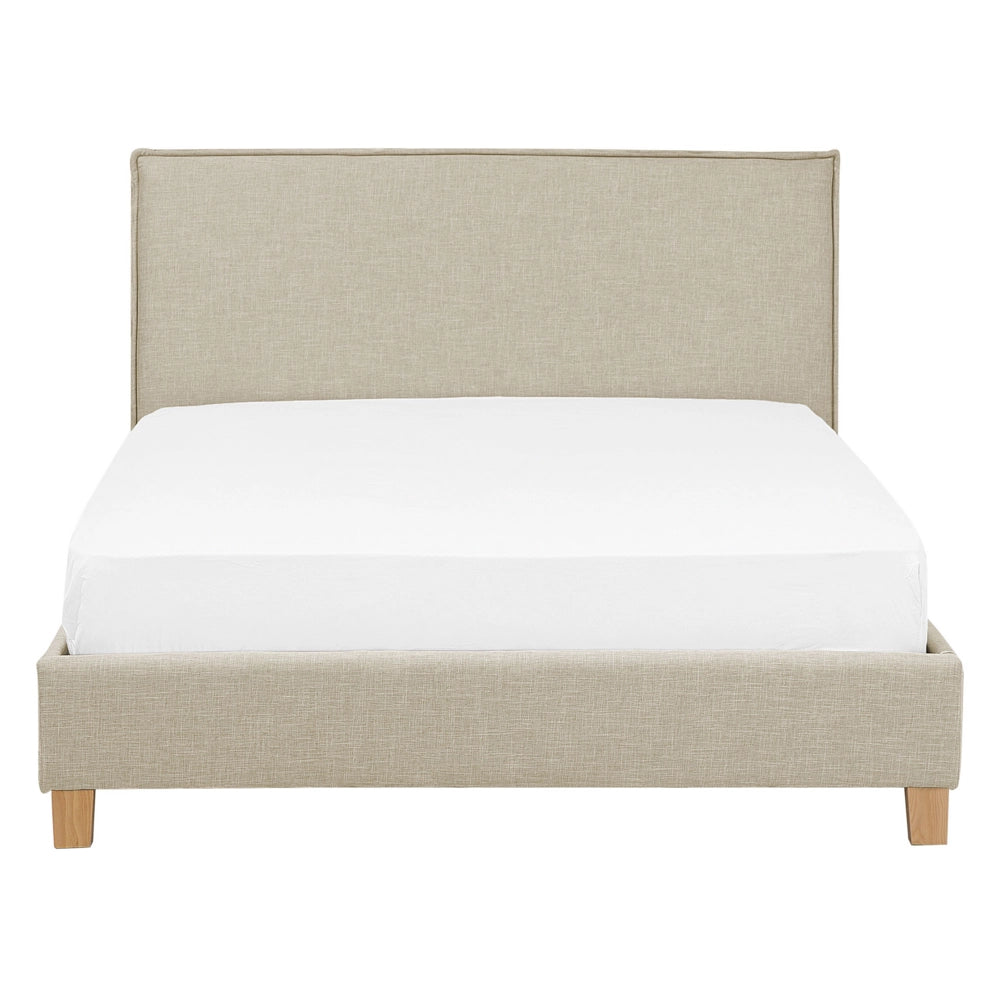Letto rivestimento in tessuto beige Gambe in legno Dimensioni doppie 140 cm 6 a doghe con testiera Stile scandinavo minimalista