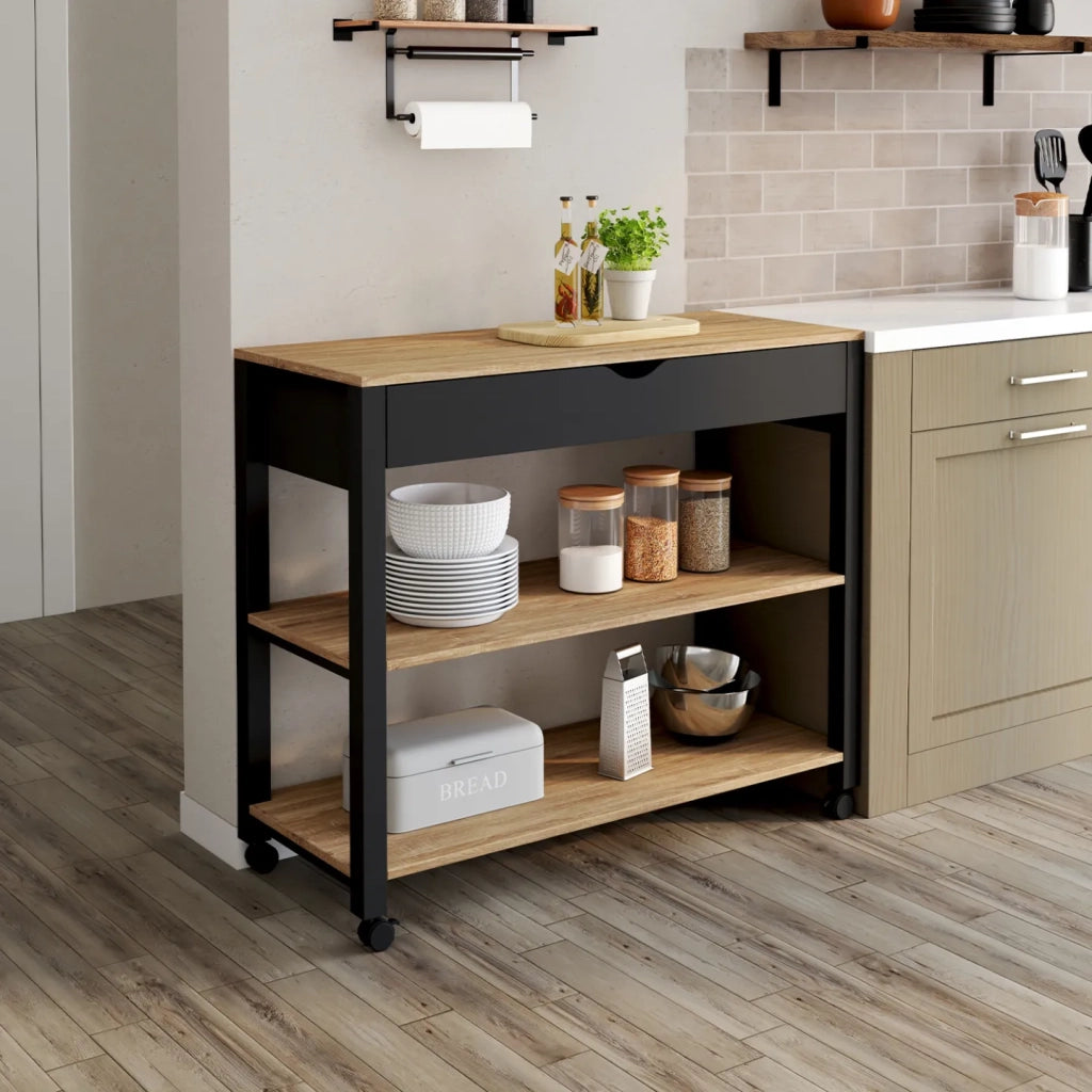 IDMarket - Aparador de cocina con encimera negra y bandejas de haya