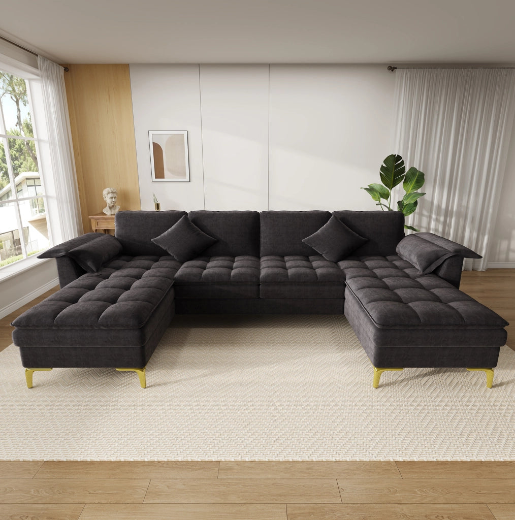 Sofa a U modulare 4-5 posti 262x134x86 cm in chenille nero; con 2 chaise longue
