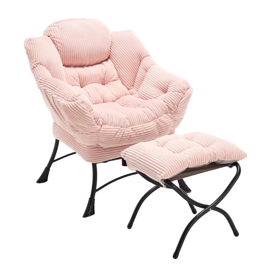 poltrona con pouf; schienale ergonomico; braccioli e tasca laterale; struttura in acciaio rosa