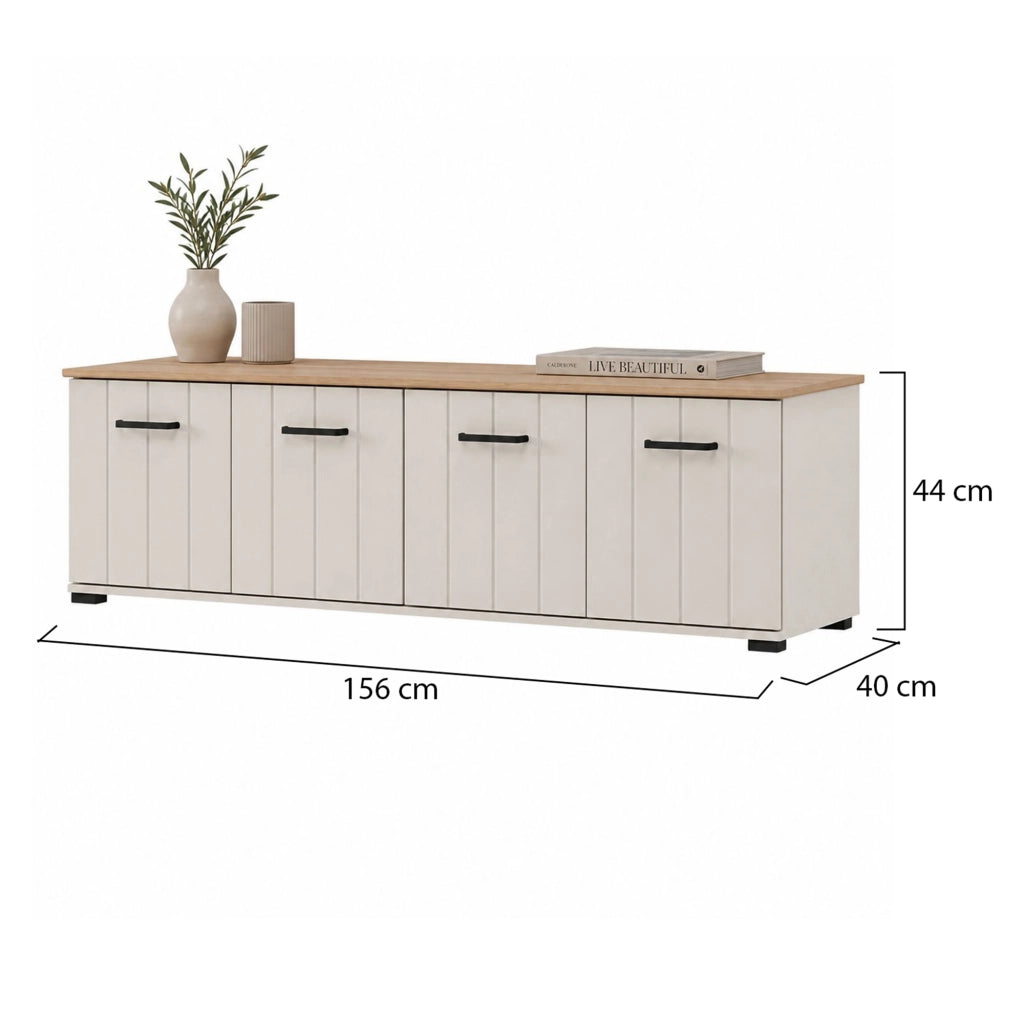 Erbez, Mobile Porta tv un Ripiano, 156x40x44h cm Bianco Crema