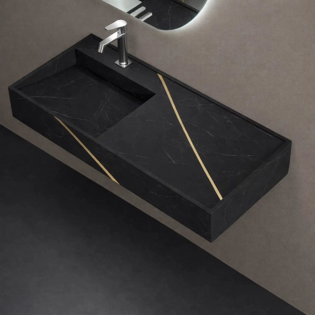 Lavabo consolle sospeso astrid artificial stone nero e nocciola venato elegante moderno *** finitura- nero, confezione 1