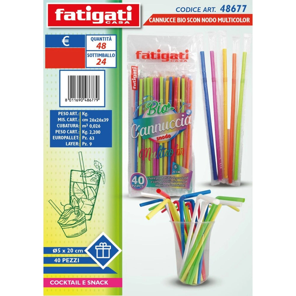 Trade Shop - Cannucce Bio Con Snodo Multicolor 5x20 Cm 40 Pezzi Cocktail Snack -