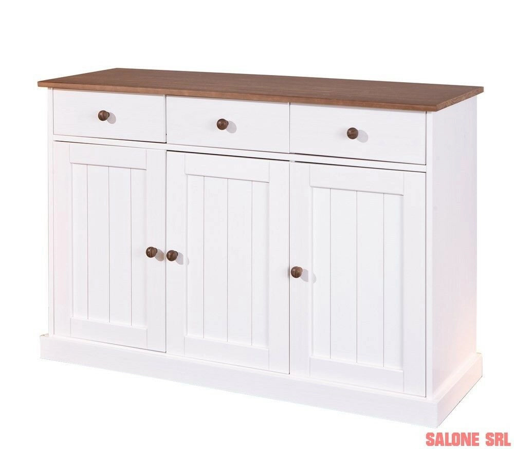 MOBILE SOGGIORNO BUFFET WESTERLAND 3 ANTE+3 CASSETTI 131x45x86H PINO MASSELLO VERNICIATO A ACQUA BIANCO + TOP E FINITURE MARRONE