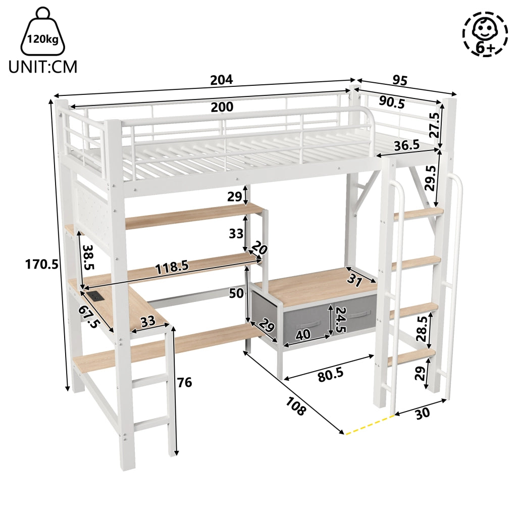Letto a soppalco 90x200 cm con scrivania; USB; pegboard; cassetti in tessuto; ripiani; appendiabiti e LED; metallo bianco
