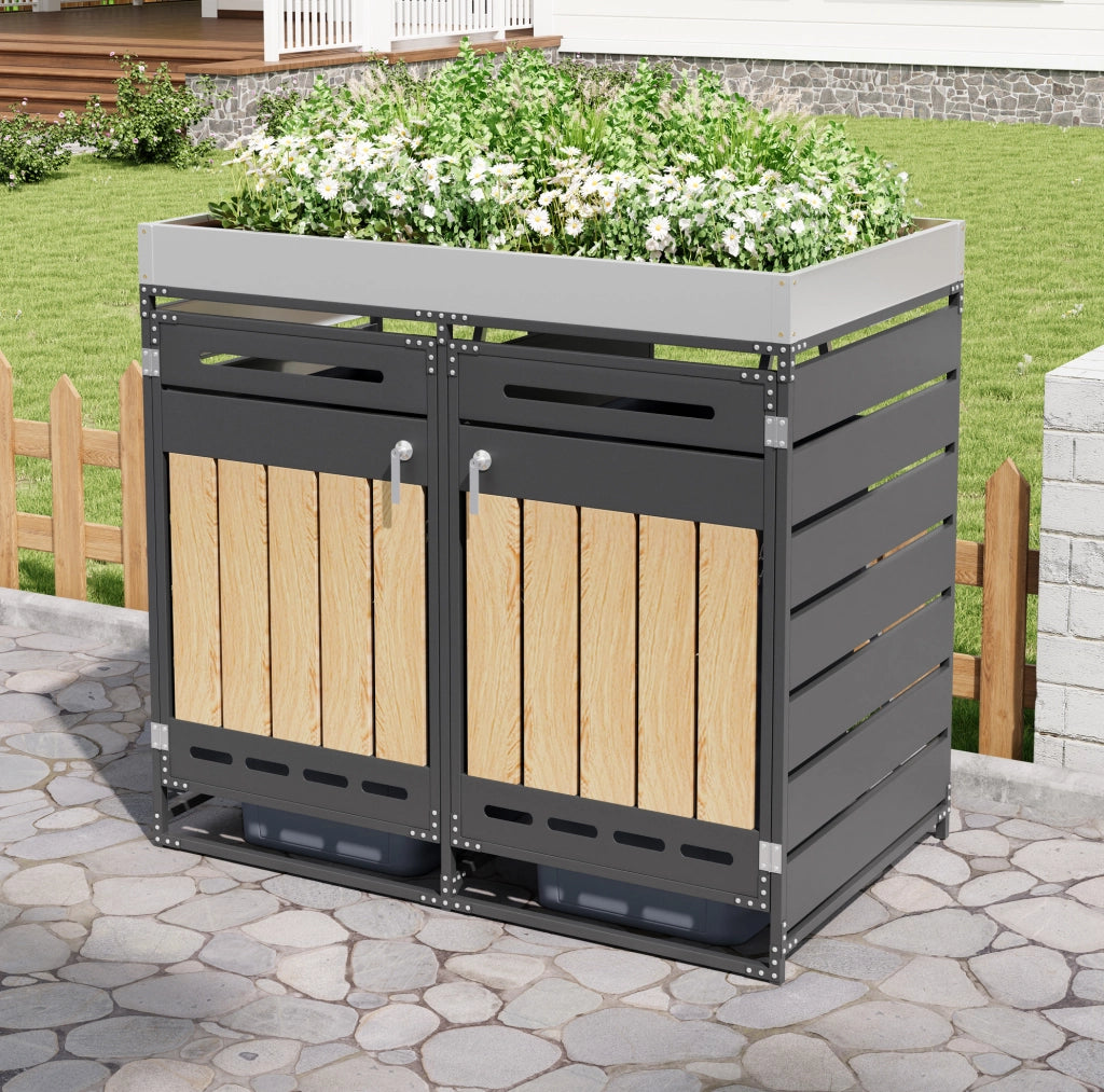 Contenitore per rifiuti con fioriera integrata 131x79x120 cm; nero in ferro