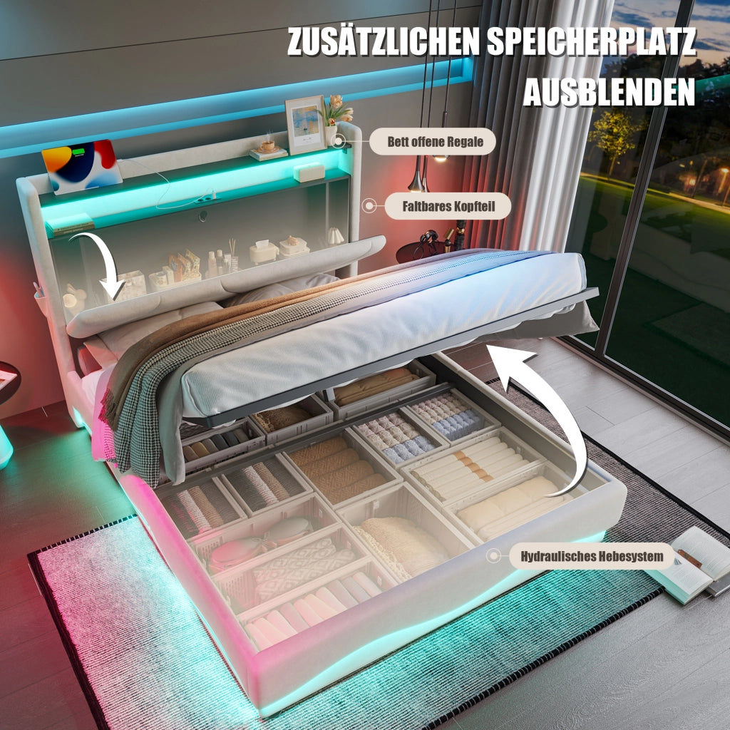 LETTO Contenitore 160x200 cm in velluto beige con LED, USB e tasche laterali