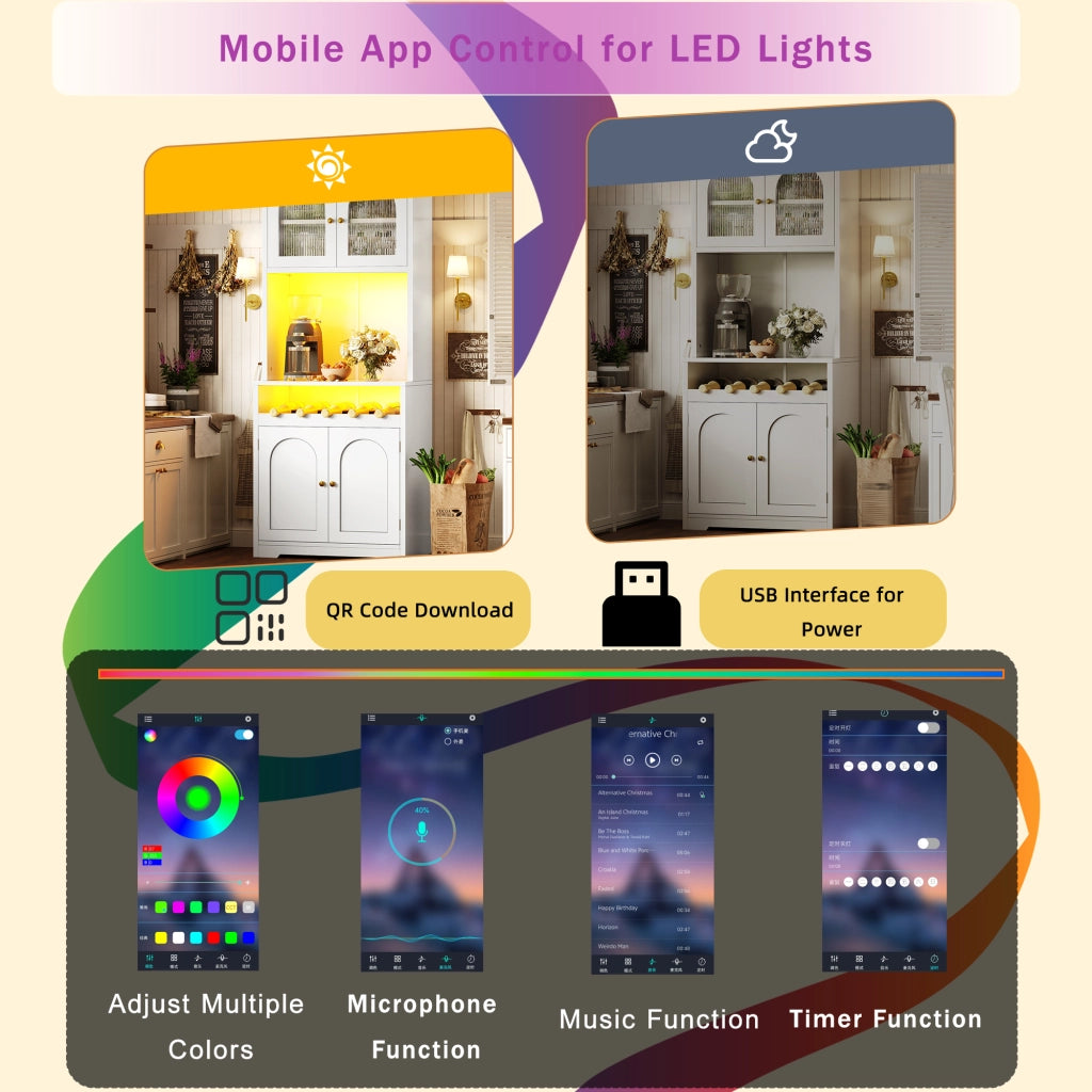 Credenza alta con LED RGB app, ante in vetro ondulato e portabottiglie per cucina e soggiorno bianca 70 × 38,3 × 180 cm
