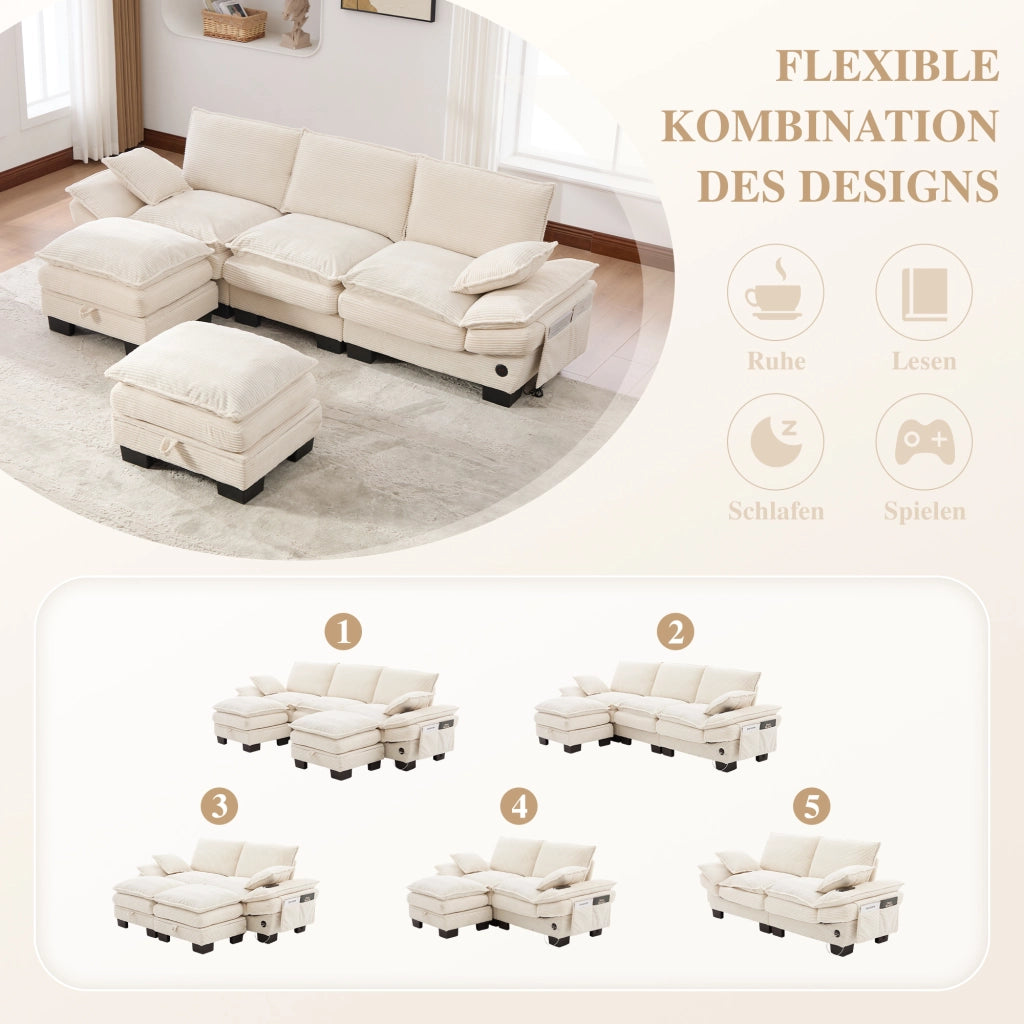 Divano modulare a 3 posti in velluto a coste con pouf porta USB-C tasche laterali e cuscini in schiuma beige