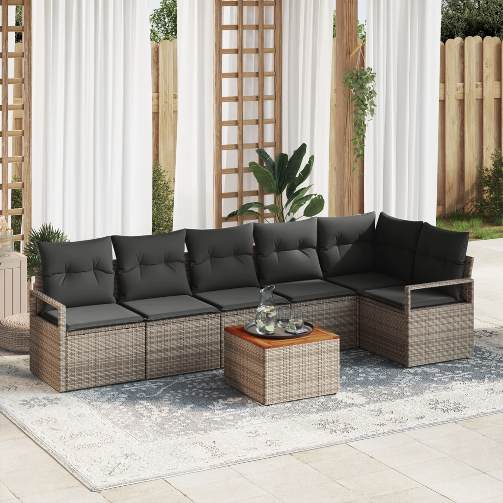 Set da Divano da Giardino  a 7 Pezzi con Cuscini Grigio Rattan Sintetico Acacia