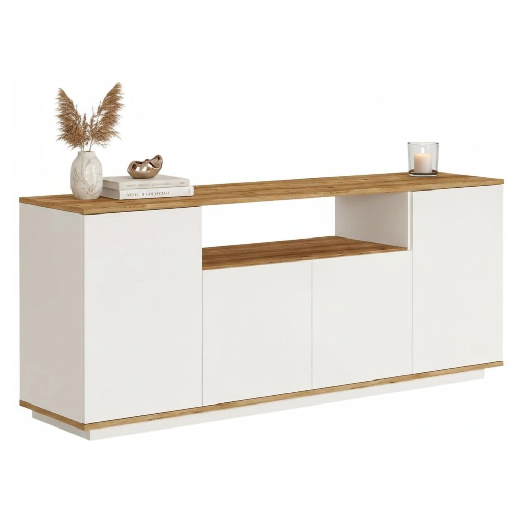 Credenza Aziz, Buffet da soggiorno, Madia da salotto, Dispensa da cucina, 180x45h75 cm, Quercia e Bianco