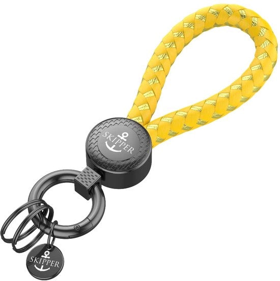 Sleutelhanger con karabina e due anelli in legno imitato intrecciato, regalo per uomo, donna, amico, auto, bicicletta, motocicletta, nero, 8874 - Giallo