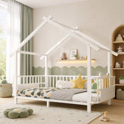Letto per bambini 90 × 200 cm con barriera di sicurezza, struttura a casetta, sans materasso, en metallo, bianco