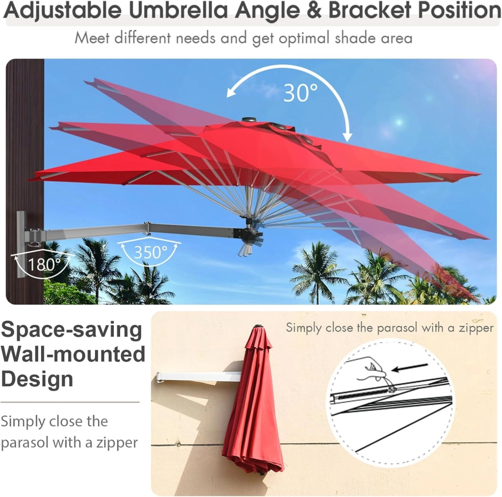 Ombrellone a Muro da Balcone Regolabile in Altezza e ad Angolo, Ombrellone da Parete Richiudibile con Palo in Metallo, Protezione da Sole, Anti UV, Ombrellone da Giardino 250 cm