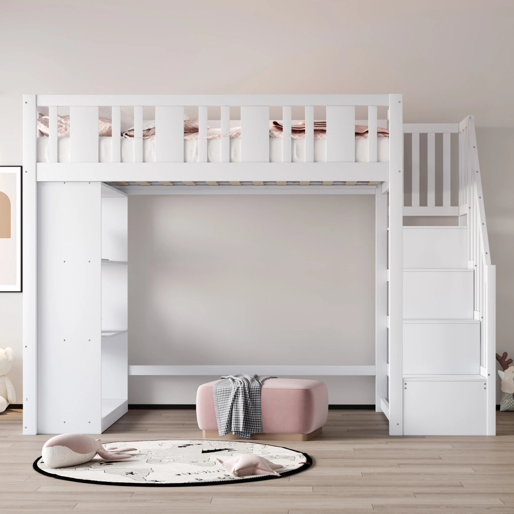 Letto a castello bianco in legno di pino con scala portaoggetti 90x200 cm