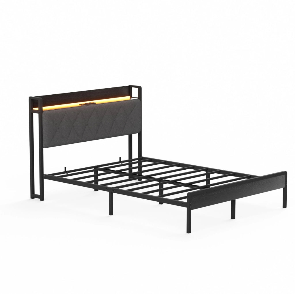 Letto imbottito 140x190 cm con contenitore; LED e USB in lino nero e grigio