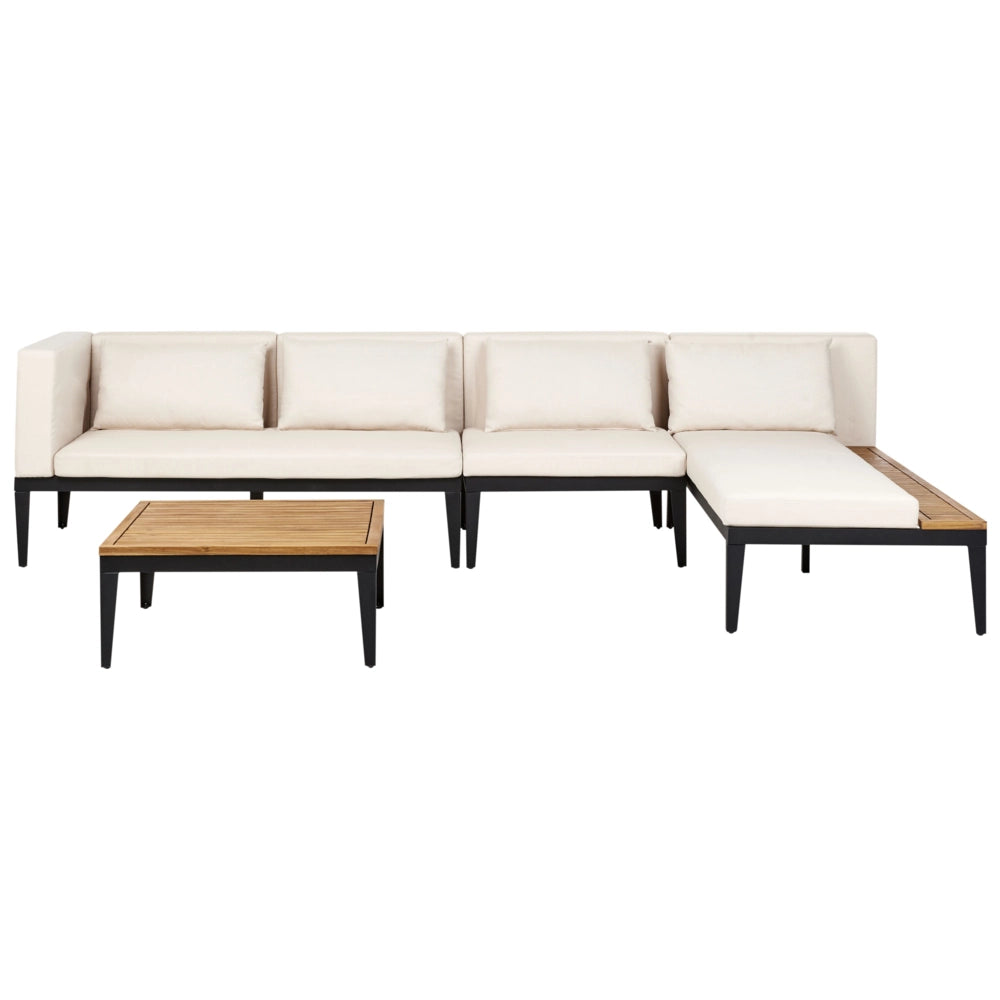 Set da giardino 4 posti in legno di acacia certificato con divano angolare tavolino e cuscini beige chiaro lato sinistro