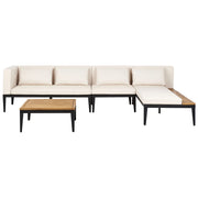 Set da giardino 4 posti in legno di acacia certificato con divano angolare tavolino e cuscini beige chiaro lato sinistro