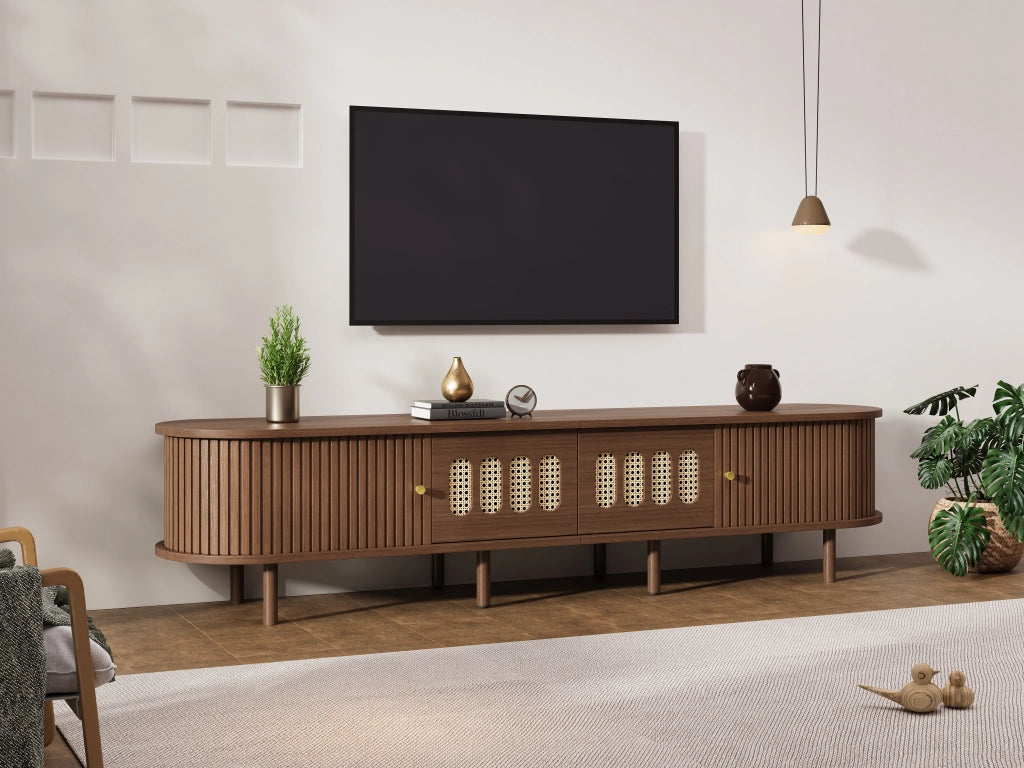 Mobile porta tv 180 cm in noce scuro con design in rattan