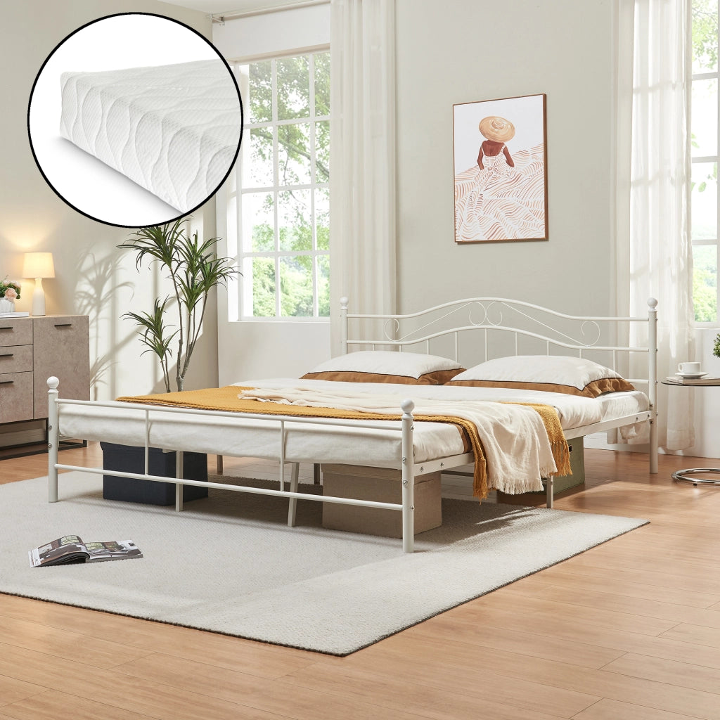 Letto Doppio Florenz in Acciaio con Testiera Decorativa e Materasso 180 x 200 cm Bianco [en.casa]