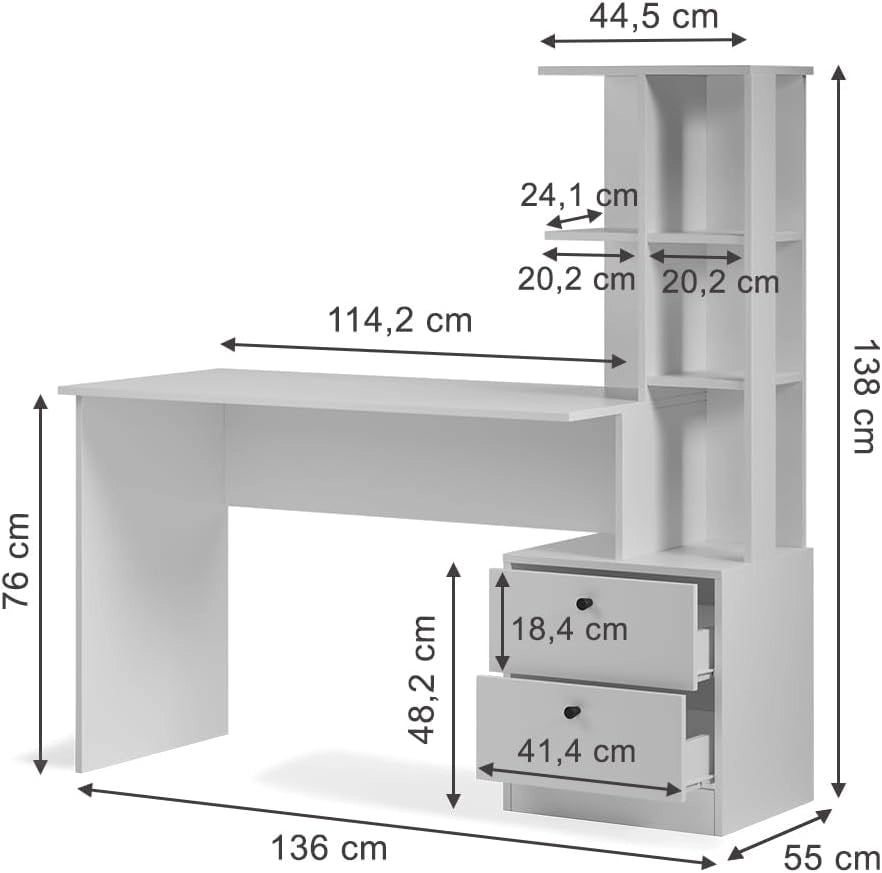 Scrivania Denton, Bianco, 136 x 55 cm, con vani aperti per l'organizzazione del materiale di lavoro