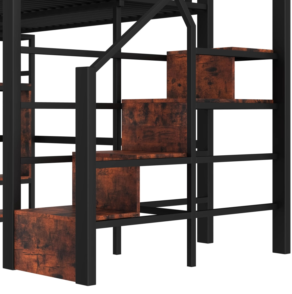 Letto a soppalco 140x200 cm nero in metallo e MDF con LED, scaffali e scala contenitore