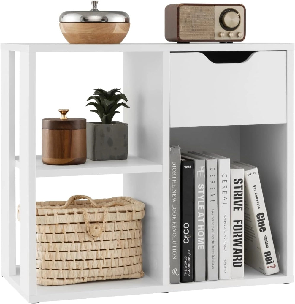 Libreria Scaffale, Libreria Bianco in Legno con Cassetto e 3 Cubi, 60 x 30 x 53 cm, Scaffale Multiuso per Soggiorno, Ingresso, Ufficio e Cameretta (Nero)