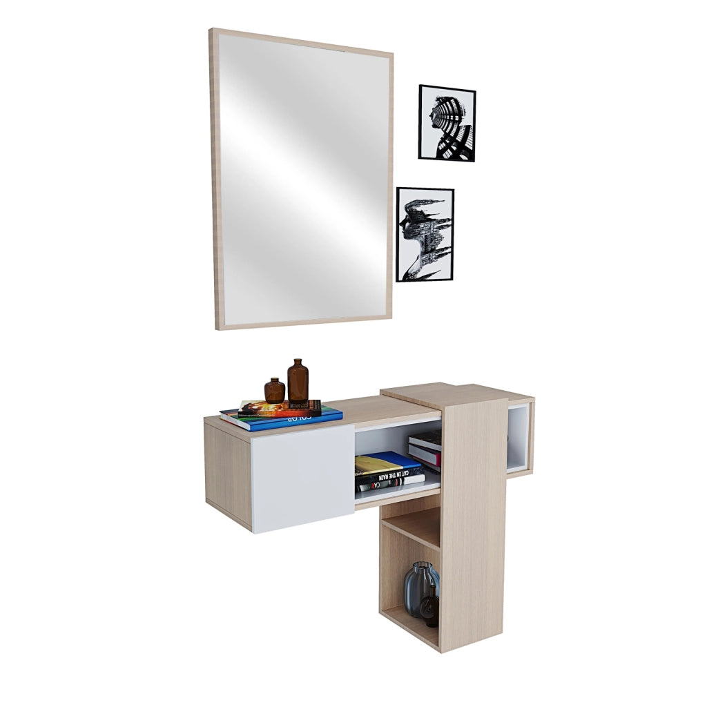 Mobile Da Ingresso Con Mensola Sospesa Specchio E Ripiani Scorrevoli Mobiletto Arredo Per Sala 100 X 31.5 X 75 Cm Bianco E Rovere