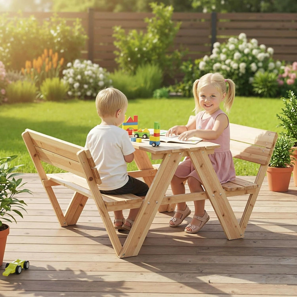Tavolo da Picnic per Bambini in Legno con 2 Panche Integrate | Set di Tavolo e Sedie per Attività all'Aperto, Mobili per Bambini 3+ Anni per Cortile, Patio e Giardino