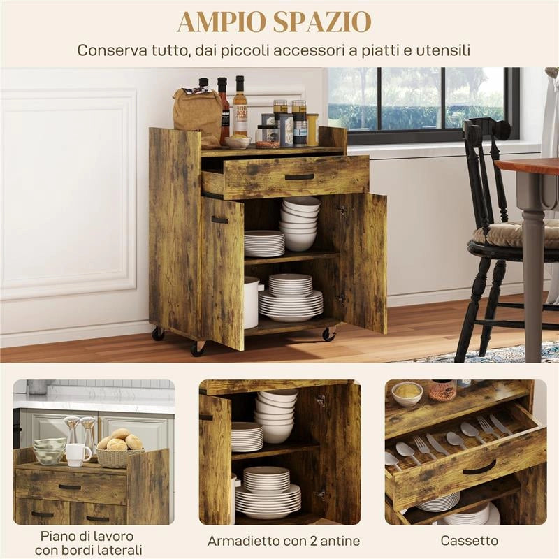 CARRELLO DA CUCINA CON CASSETTO ARMADIETTO E 4 RUOTE IN LEGNO 60X40X77CM MARRONE RUSTICO