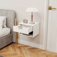 Set di 2 Comodini Sospesi con Pannelli Scanalati, Cassetto e Ripiano, 40x34x29 cm, Bianco