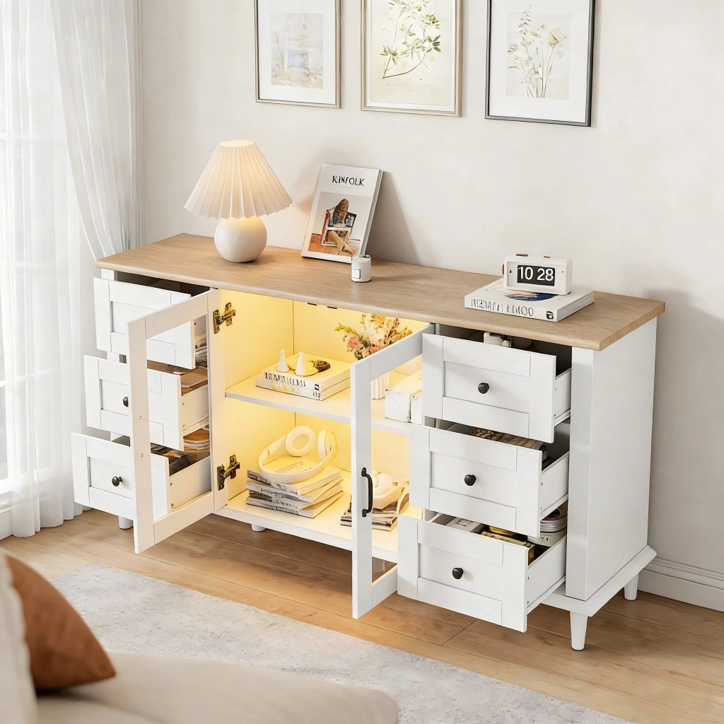 Credenza con 2 ante in acrilico; 6 cassetti e LED - per soggiorno - in MDF - 150 x 40 x 75 cm