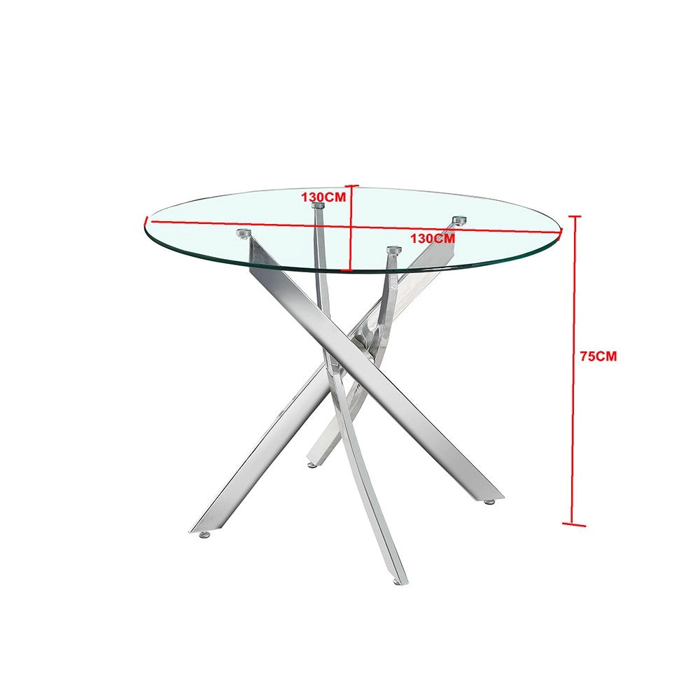 Tavolo Rotondo Peyton 130x130 cm in Vetro Temperato con Gambe Incrociate Cromate