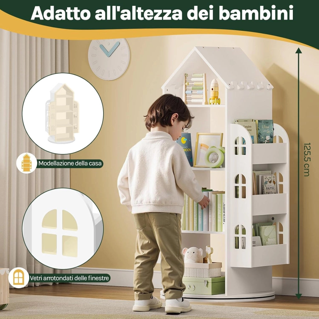 Libreria Bianca per Bambini Girevole, Mobile Portaoggetti per Bambini a 4 Livelli con 2 Spazi di Archiviazione Laterali, a Forma di Casa, 63x59x125cm