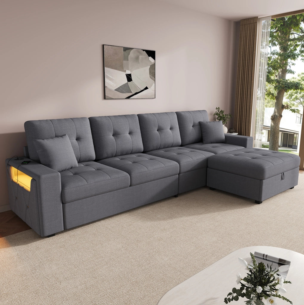 Divano angolare 4 posti con pouf contenitore, LED, USB e Type-C, grigio antico
