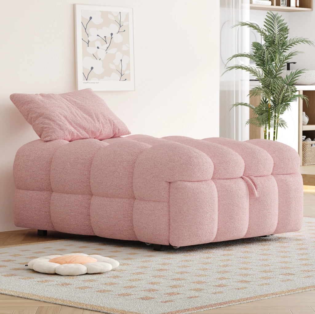Pouf letto 2 in 1 trasformabile in divano; 183x76 cm; in tessuto Teddy rosa