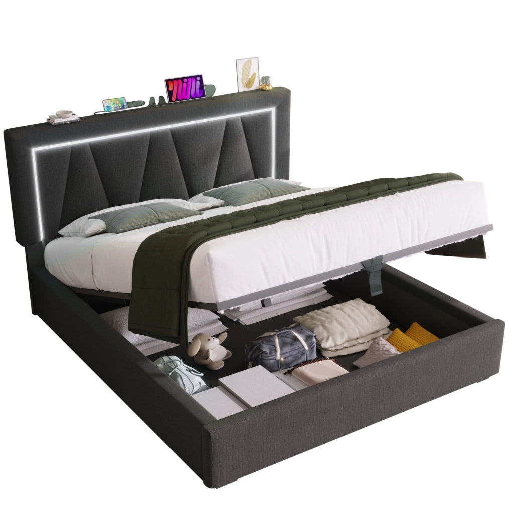 Letto matrimoniale 160x200 cm con contenitore; LED; USB e Type-C; testiera regolabile; lino grigio