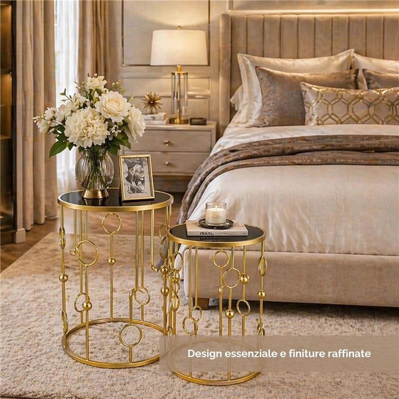 2 TAVOLINI TONDI METALLO COLOR ORO E TOP IN VETRO MISURE 38X55CM/ 33X50CM