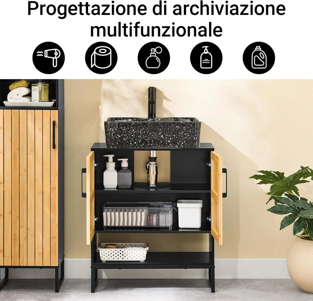 Mobile Sottolavabo Bagno 60 cm Mobiletto Salvaspazio con Ante in Bambù e Piedini in Metallo Armadietto Moderno Sotto Lavabo per Bagno Piccolo BZR202-SCH