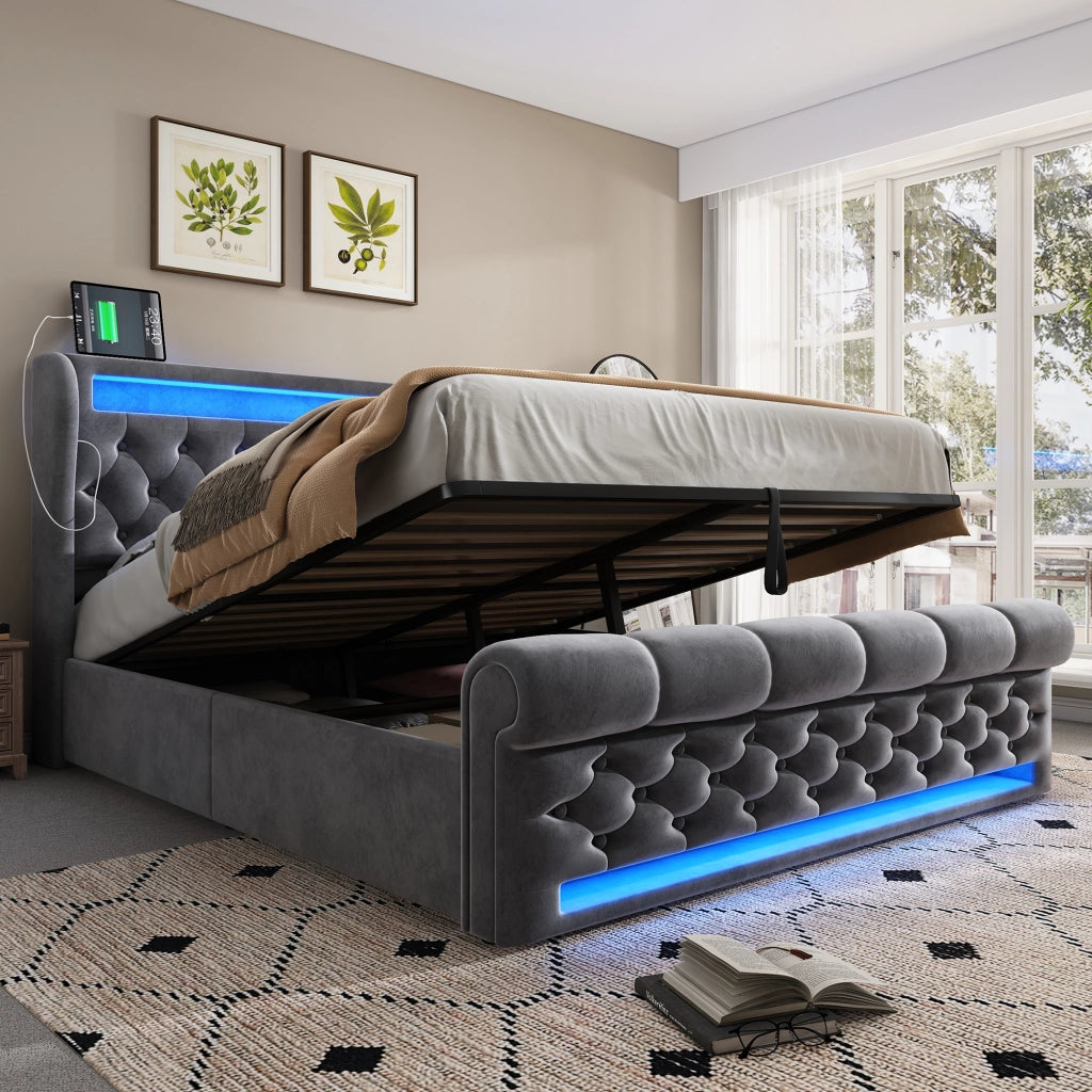 Letti contenitori 140x190 cm; LED integrato; ricarica USB e Type C; velluto; grigio (Senza materasso)