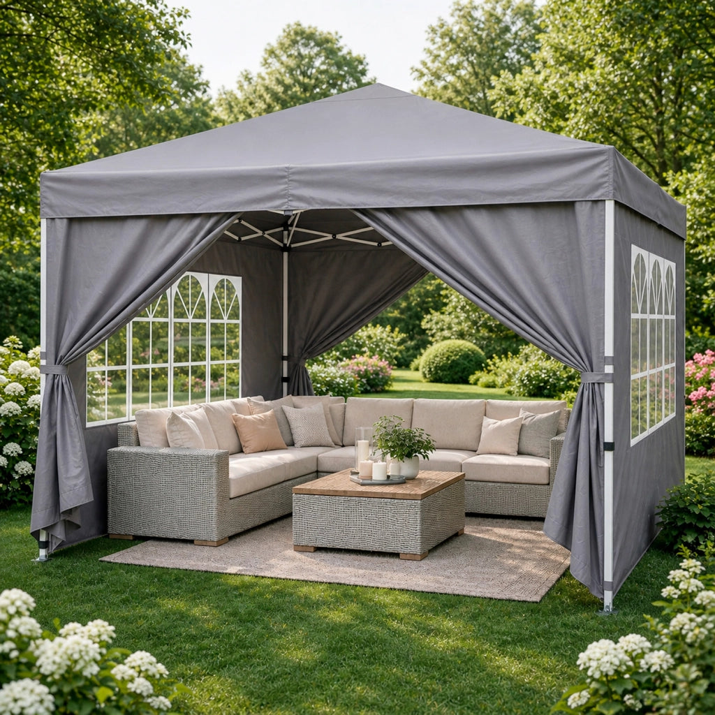 Gazebo Pieghevole Da Giardino Con Pareti Laterali E Finestre Trasparenti Sistema Pop Up Copertura Impermeabile UV50+ Telaio In Acciaio Per Eventi Outdoor 3 x 3 x 2.59 M Grigio