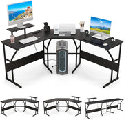 Scrivania a forma di L, trasformabile, 148 x 148 x 91 cm, tavolo angolare con porte di ricarica e prese, scrivania da ufficio con ripiano per monitor (nero)