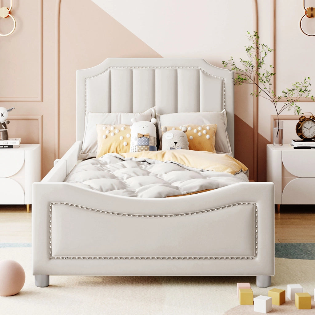 Letto imbottito ULEVR 211x94,5x41,5 cm con schienale, braccioli e 12 doghe, beige
